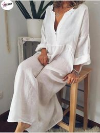 Casual Dresses PULABO White Linen Long Women Summer Loose Maxi Thin V Neck Black Robe Female Fashion Beach Style Swing Streetwear
