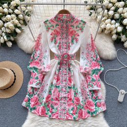 Casual Dresses Vintage Print Elegant Lantern Sleeve A-line Stand Collar Mini Dress Women Fashion Autumn Spring Party