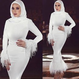 White Muslim Mermaid Prom Dresses High Neck Long Sleeve Feather Satin Ankle Length Evening Gowns Plus Size Cooktail Party Dress 2195