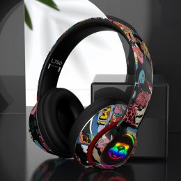 Headphones Headset Bluetooth 5.1 Wireless Gamer Graffiti Headphones with Mic RGB LED Light For Kids PC Gamer Earphone Support TF Card