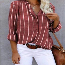 Women's Blouses Women Shirt Striped Print V Neck Long Sleeve Blouse Summer Tops With Loose Fit Button Half Placket Streetwear Chic