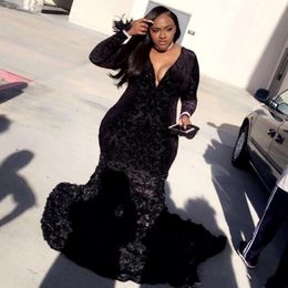 Mermaid Plus Size Prom Dresses Black Girls Lace Plunging V Neck Long Sleeve Evening Gowns With 3D Flowers 2019 309N