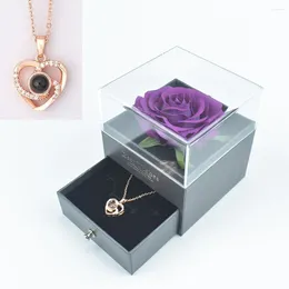 Decorative Flowers 3 Colors Silk Rose Box With 100 Language I Love You Necklace For Mother Girlfriend Birthday Valentiens Days Gift