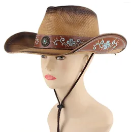 Berets Cowboy Hat Wide Roll Up Brim With Wind Lanyard Lightweight Embroidery Floral Women Men Sun Hats For Hiking Holidays Travel