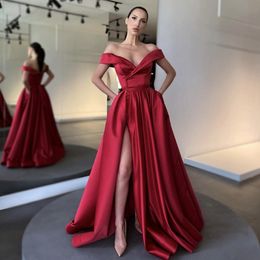 Burgundy Evening Dresses Prom Gowns Formal For Women Party Dinner Date Off Shoulder Side Split Buttons Satin Pink Custom Made 251E