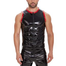 S-7XL Plus Size Mens Glossy PVC T-shirts Sleeveless Full Zipper Shiny Leather Tank Tops Sexy Crewneck Tees For Male Catsuit Costumes