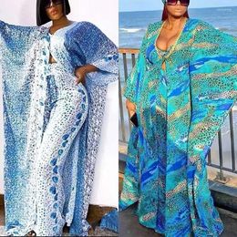 Ethnic Clothing Two Piece Set Women Tracksuit Summer Clothes African Dresses For Chiffon Print Long Dress Top Wide Leg Pants Suits Outfits