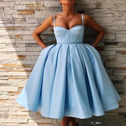 Spaghetti Light Sky Blue Prom Dresses Sexy 2020 Short Cocktail Party Gowns Pleated Vestidos De Soiree Evening Party Gowns 2568