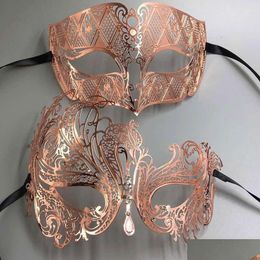 Party Masks Gold Rose Women Men Couple Pair Lover Made Of Light Metal Laser Cut Filigree Venetian Mardi Gras Masquerade Ball Prom Ma D Dhfiz