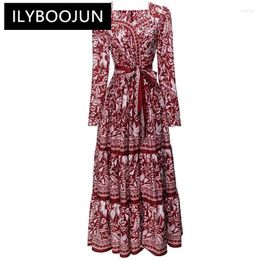 Casual Dresses ILYBOOJUN Fashion Designer Early Autumn Long Dress Women Draped Square Collar Sleeve Lace-up Print Vintage Party