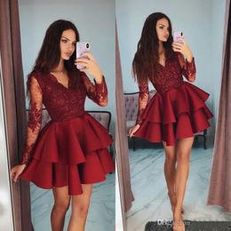 Red V Neck Homecoming Dresses Stylish Tiered Long Sleeve Beaded Lace Applique Short Prom Dress Lovely Fashion Party Cocktail Dress 280s