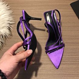 Satin High Heeled Open Narrow Strap Slingback Sandals Pointed Toe Pumps Sexy Designer Shoes Women