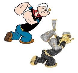 Hip Hop Micro Paved Black White CZ Stone Bling Iced Out Cartoon Character Popeye Pendants Necklace for Men Rapper Jewelry1043049