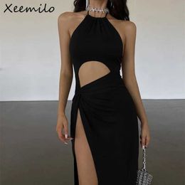 Basic Casual Dresses Xeemilo Sexy Ball Party Black Long Dress Elegant Waist Hollow High Split Summer Dress Fashion Backless Lace Up Womens DressL2405