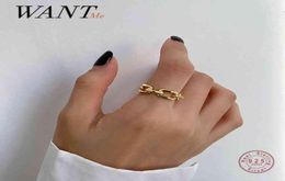 WANTME Genuine 925 Sterling Silver 18k Gold Punk Hip Hop Link Chain Open Ring for Fashion Women Rock Men Party Jewelry 2105076165517