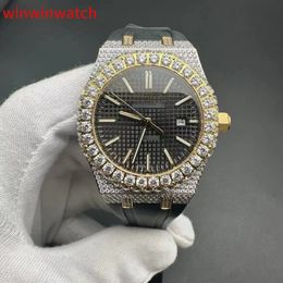AAA automatic Two tone yellow gold CZ diamonds case 42mm black dial black rubber strap watch