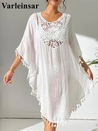 Fringe Tassel Embroidery Half Sleeve Tunic Beach Cover Up Coverups Long Dress Wear Beachwear Female Women V5328 240508