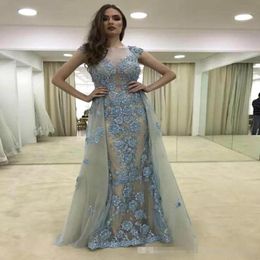 2021 Custom Made Blue Evening Dresses Sheer Neck Lace Applique Beaded Overskirts Tulle Cap Sleeves Plus Size Long Prom Party Gowns 2128