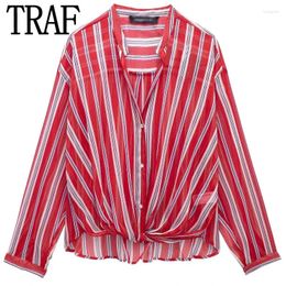 Women's Blouses Transparent Striped Blouse Shirt Spring 2024 Knot Lapel Collar Long Sleeve Top Elegant Korean Style