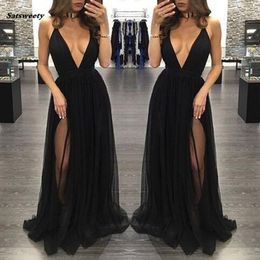 New High Side Split Tulle Prom Dresses Black Sexy Deep V Neck Long Women Skirts Formal Party Evening Gowns Vestidos de baile 238s