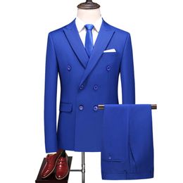 Double Breasted Groomsmen Peak Lapel Groom Tuxedos Hot Royal Blue Men Suits Wedding Prom Dinner Best Man Blazer Jacket Pants Vest 222k