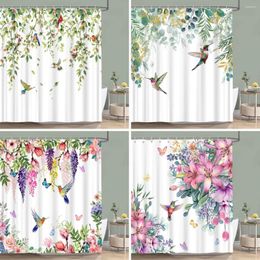 Shower Curtains Bird Flower Curtain Dahlia Eucalyptus Leaves Greenery Colourful Printed Polyester Waterproof Bath Bathroom Decor