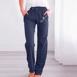 Women's Pants Dragonfly Print Pockets High Waist Drawstring Slanted Pocket Cotton Linen Straight Versatile Slimming Trousers