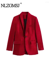 Women's Suits Nlzgmsj Red Blazer For Women Vintage Velvet Single Button Fitted Ladies Elegant Office Casual Long Sleeve Jacket