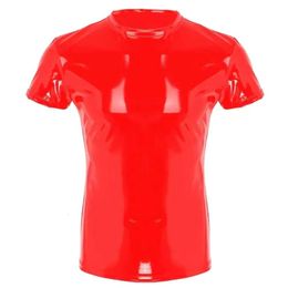 S-7XL Plus Size Mens Shiny PVC Crewnecks T-Shirts Wetlook Latex Short Sleeve Shirt Male Glossy Leather Casual Vest Sexi Catsuit Costumes