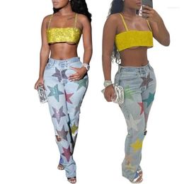 Women's Jeans Fashion Streetwear Women Denim Pants 2024 Y2k Bright Star Printed Straight Leg Classic Casual Perforated Bottom