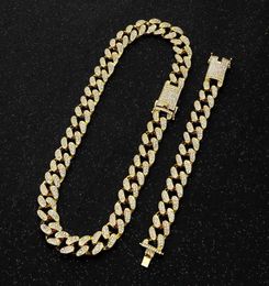 Men039s Hip Hop Necklace and Bracelet Set Silver Ice Crystal Miami Cuba Chain Heavy Water Diamond Rapper 2cm Q08091306971