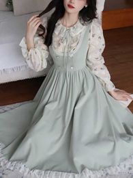 Basic Casual Dresses Green Elegant Retro Shoulder Strap Dress for Womens 2023 Spring Lace Evening Party Midi Dress for Womens Retro Korean Sweet Kawaii Fairy DressL