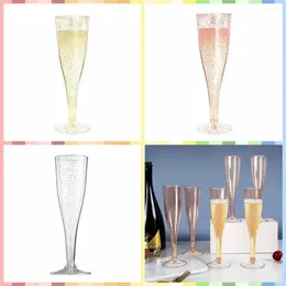 Disposable Cups Straws 10pcs Anti-fall Champagne Flute Bar Supplies 4.5OZ/135ml Slim Glass With Gold Sequins Cocktail Party