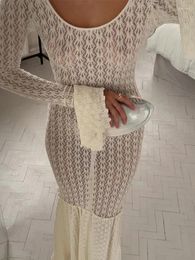 Casual Dresses Sexy Knit Beach Long Dress Women Hollow-Out O-Neck Full Flare Sleeve Bikini Cover-Ups Fall Backless Holiday Party Robe