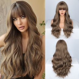 28 Inches Brown Qi Bangs Long Wigs Hot Sale Brown Big Wave Hair Wholesale Europe America Fashion Style Permed Dyed Rose Net Curly Wig
