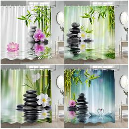 Shower Curtains Zen Green Bamboo Curtain Black Stone Pink Lotus Orchid Flowers Swan Nature Scenery Cloth Home Bathroom Decor Set