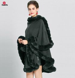 Fashion Handcraft Full Trim Faux Rex Rabbit Fur Cape Coat Loose Knit Cashmere Cloak Shawl Women Fall Winter New Pallium Outwear 204078874
