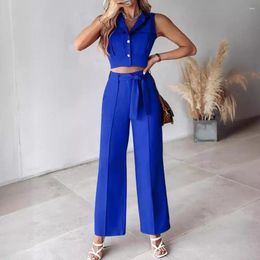 Women's Two Piece Pants High Waist Trousers Set Elegant Vest Wide Leg For Women Formal Office Attire With Lace-up Belt V Neck Design Stylish