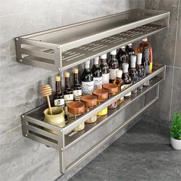 Kitchen Storage Aluminum Wall-Mounted Spice Rack Multifunctional Item Shelf Tools Hooks Condiment