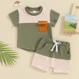 Clothing Sets 0-36months Toddler Boy Summer Clothes Contrast Colour Short Sleeve Pocket T-Shirt With Elastic Waist Shorts Baby Boys 2pcs