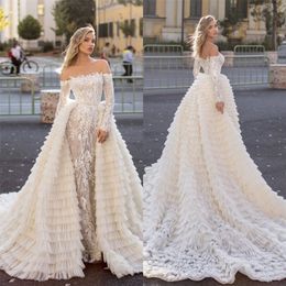 Luxury Mermaid Wedding Dresses With Detachable Train Appliqued Lace Tiered Bridal Gowns Long Sleeves Custom Made Long Wedding Dress 247D