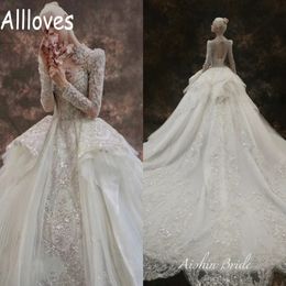 Luxurious Sparkly Crystals Lace Ball Gown Wedding Dresses With Long Sleeves Dubai Arabic Sparkly Sequins Beading Ruched Chapel Train Pr 296a