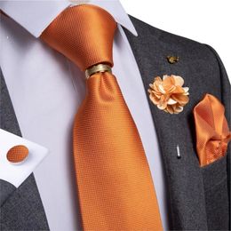 Designer Mens Necktie Orange Solid Tie Handkerchief Cufflinks Gift Set Men Wedding Party Accessories Gravata Brooch Pin DiBanGu 240511
