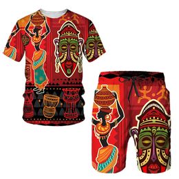 African Ethnic Style Mens T-shirt Sets 3D Print Tracksuit T Shirts Shorts 2 Pieces Streetwear Male Oversized Suits Sportswear 240426