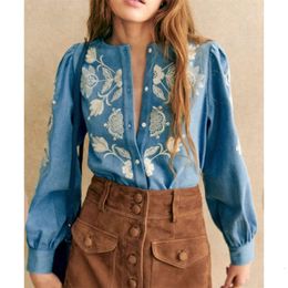 French 24ss New Designer Shirt Ladies Style Exquisite Embroidery Flower Imitation Denim Button Loose Top Bubble Long Sleeved Shirt High Quality Clothes Size S-L