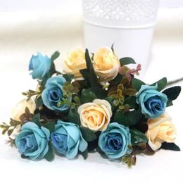 Decorative Flowers Artificial Rose Flower 12 Heads Arrangement Fake Two Colour Silk Bouquet For Home Office Party Bridal Wedding Decoration