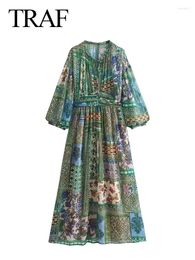 Casual Dresses 2024 Fashion Woman Vintage Elastic Waist Folds Decorate Beach Dress Women Print Lace Up O-Neck Long Sleeve Midi