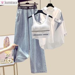 Summer Elegant Womens Pants Set Casual Shirt Jeans Trousers Vest Three Piece Set Female Tracksuit Blouse Blazer Suits 240507