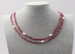 GuaiGuai Jewellery Natural Faceted Red Tourmaline Cultured white rice Pearl Necklace 175quot Handmade For Women4581130