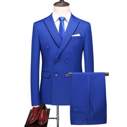Double Breasted Groomsmen Peak Lapel Groom Tuxedos Hot Royal Blue Men Suits Wedding Prom Dinner Best Man Blazer Jacket Pants Vest 2741